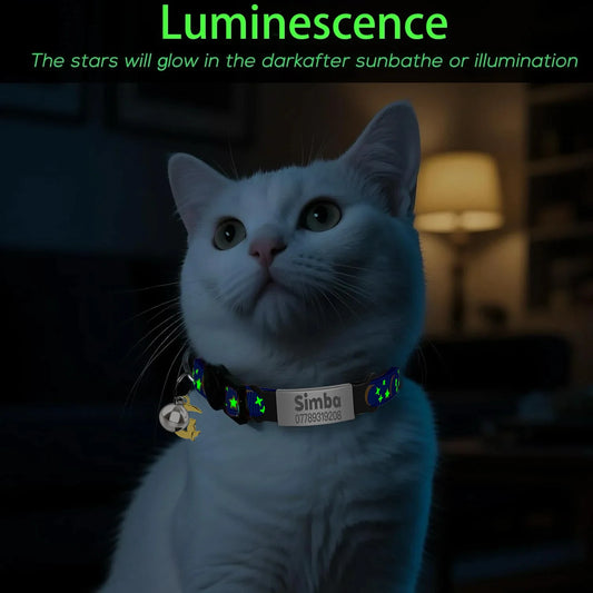 Customized Cute Glow Cat Collar Free Engraved Puppy Kitten Anti-lost Pet ID Nameplate Necklace With Bell & Moon Ornament