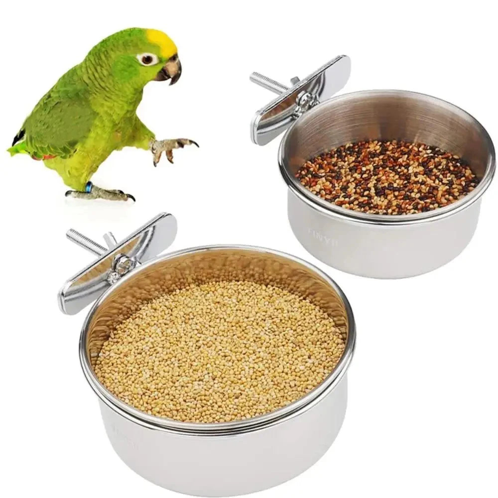 Rabbit Hamster Pet Food Dish Stainless Steel Clamp-on Water Drinker Bird Feeder Parrot Feeding Bowl Cage Cup Hanging Bowl