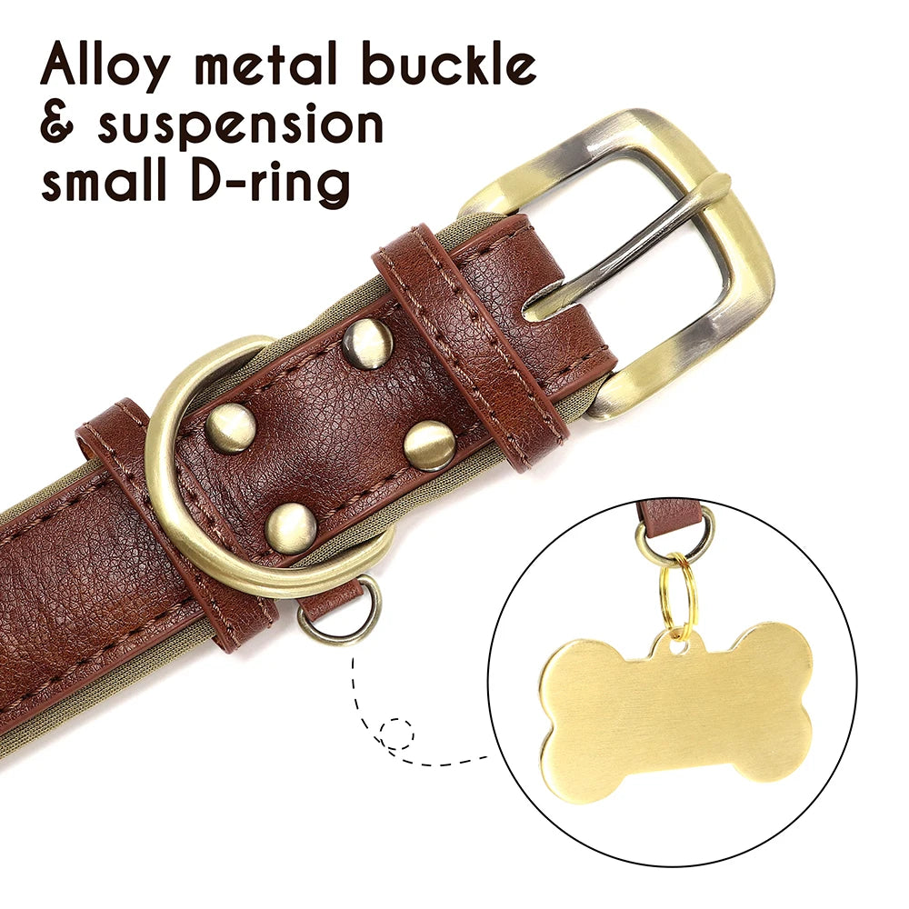 Customized PU Leather Nameplate Dog Collar Soft Padded Dogs Collars Free Engraving Name for Small Medium Large Dogs Adjustable