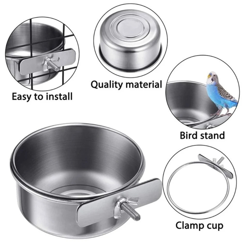 Rabbit Hamster Pet Food Dish Stainless Steel Clamp-on Water Drinker Bird Feeder Parrot Feeding Bowl Cage Cup Hanging Bowl