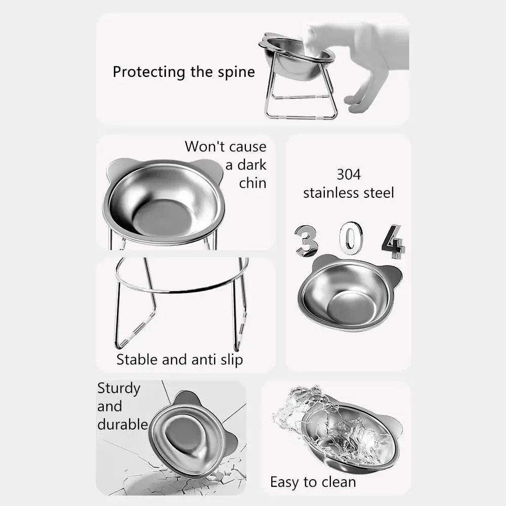 ‌304 Stainless Steel Raised Cat Bowl with 15° Elevated Design Tilted Neck Guard Healthy Feeding Shatterproof for Cats Puppies