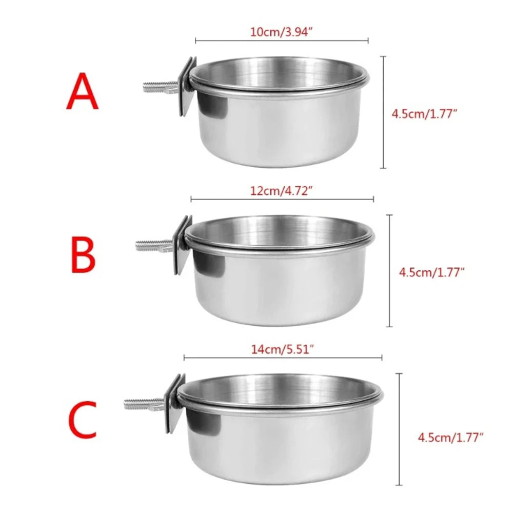 Rabbit Hamster Pet Food Dish Stainless Steel Clamp-on Water Drinker Bird Feeder Parrot Feeding Bowl Cage Cup Hanging Bowl