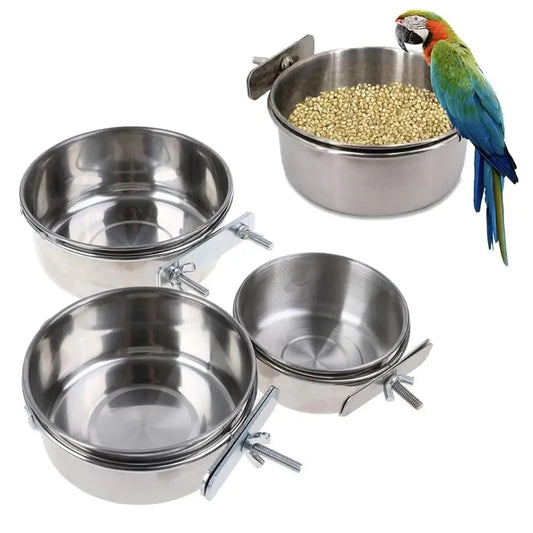 Rabbit Hamster Pet Food Dish Stainless Steel Clamp-on Water Drinker Bird Feeder Parrot Feeding Bowl Cage Cup Hanging Bowl