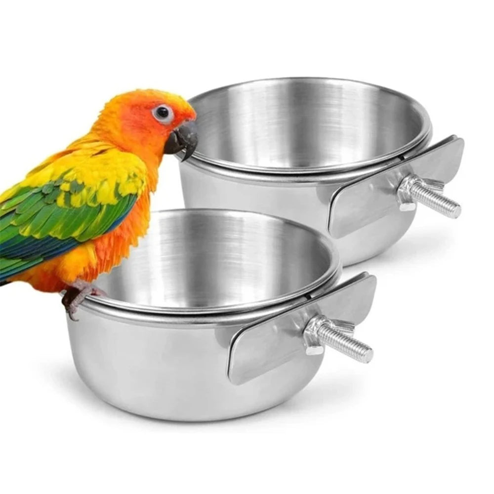 Rabbit Hamster Pet Food Dish Stainless Steel Clamp-on Water Drinker Bird Feeder Parrot Feeding Bowl Cage Cup Hanging Bowl