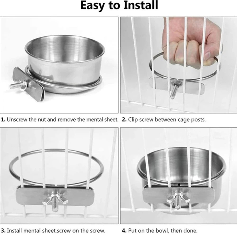 Rabbit Hamster Pet Food Dish Stainless Steel Clamp-on Water Drinker Bird Feeder Parrot Feeding Bowl Cage Cup Hanging Bowl