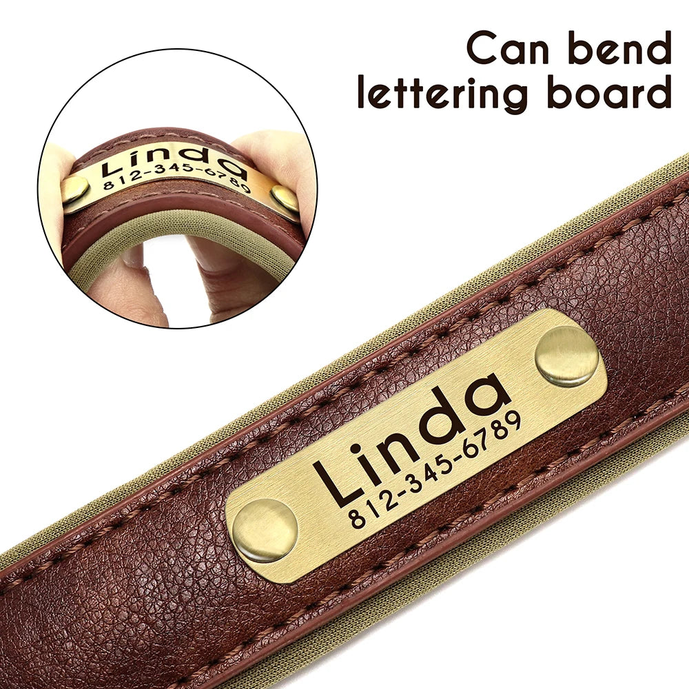 Customized PU Leather Nameplate Dog Collar Soft Padded Dogs Collars Free Engraving Name for Small Medium Large Dogs Adjustable
