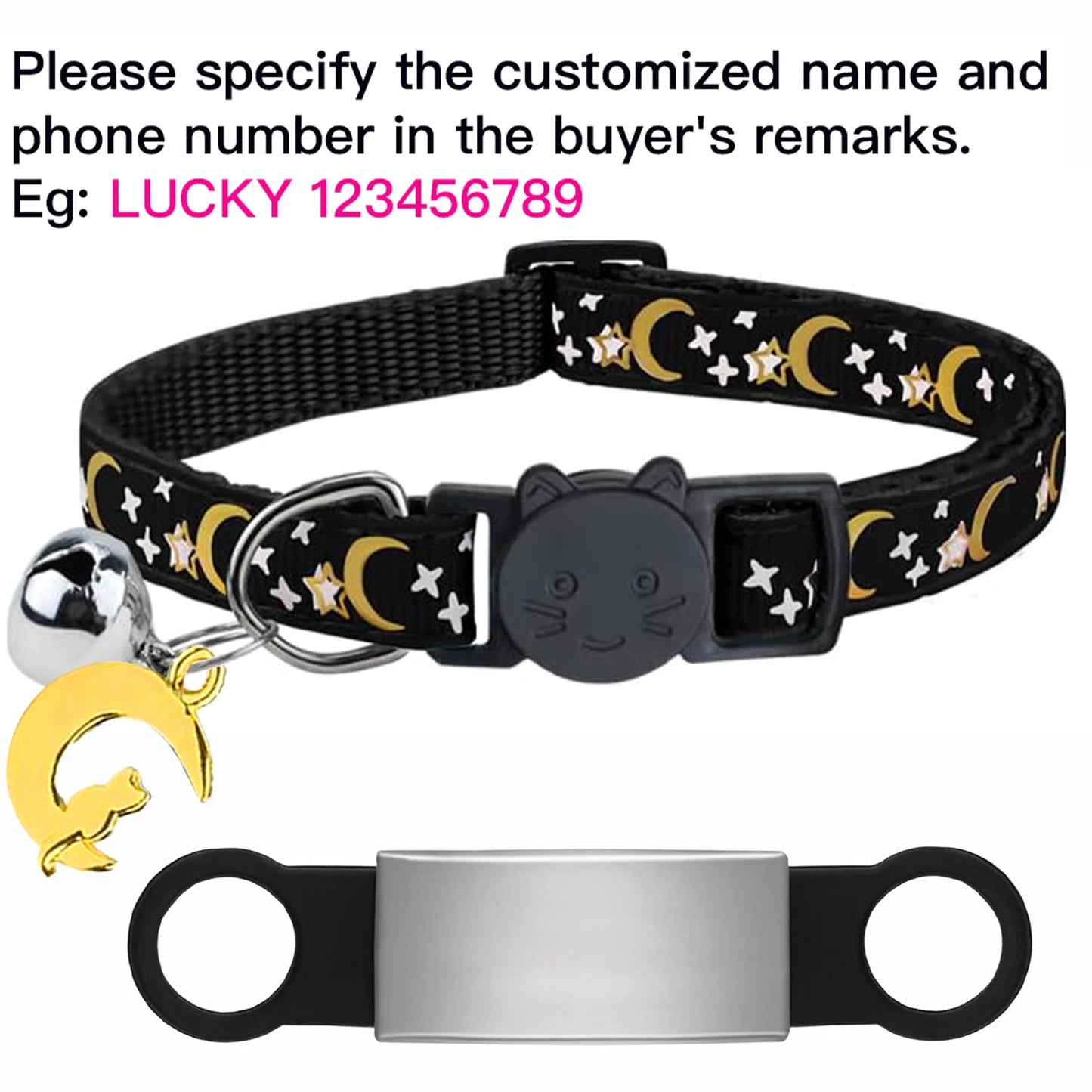 Customized Cute Glow Cat Collar Free Engraved Puppy Kitten Anti-lost Pet ID Nameplate Necklace With Bell & Moon Ornament